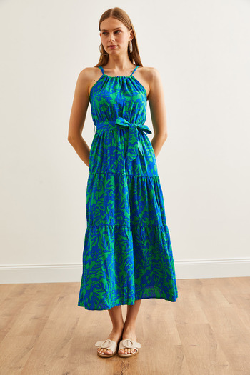 Olalook Green Saks Blue Viscose Halter Neck Dress - Belted, ELB- 19001548