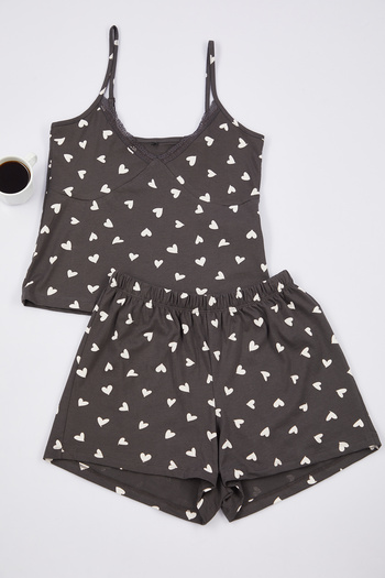Trendyol Collection Anthracite 100% Cotton Heart Lace Rope Strap Shorts Knitted Pajamas Set Thmss24Pt00106