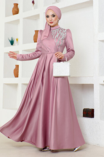 ModaMerve Rose Dried Satin Evening Dress with Stone Detail - ABY5725