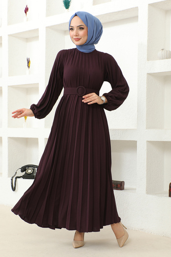 ModaMerve Plum Belted Dress - HBS9897