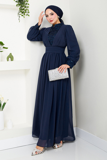 ModaMerve Navy Blue Sequin Chiffon Evening Dress - YGS4020