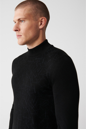 Avva Men's Black Half Turtleneck Printed Knitwear Sweater A32Y5194
