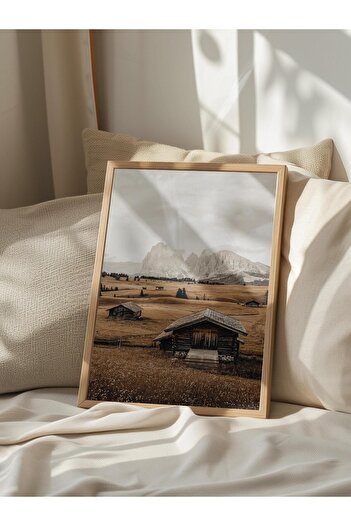 Postifull Rustic Unframed Poster, Scandinavian Brown Painting, No:33 Wooden Houses and Mountains Photo, Vertical