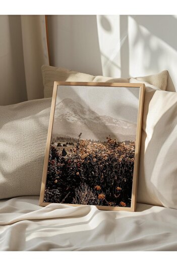 Postifull Rustic Unframed Poster, Scandinavian Brown Painting, No:32 Mountain and Flowers Photo, Vertical