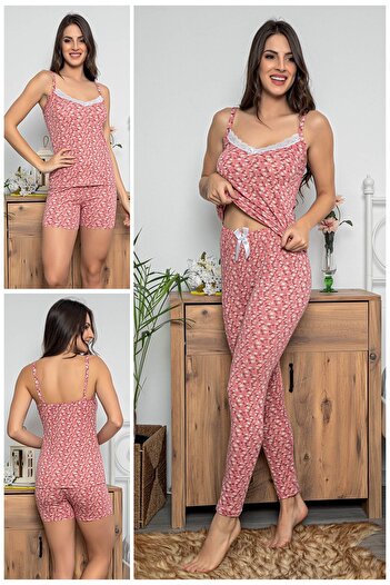MyBen Kadın Pembe Renkli Dantel Detaylı Şortlu Ve Taytlı Pijama Takımı 3'lü Set 75012