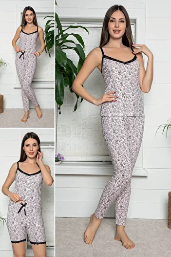 MyBen Women's Ecru Colored Lace Detailed Pajama Set with Shorts and Tights, Set of 3 75030