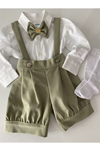 tubibebe Soft Green Shorts Salopet Shirt and Bow Tie Socks Set - Set of 4