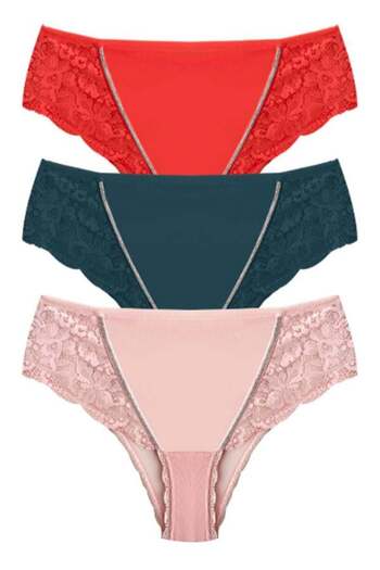 Cottonhill Pachet de 3 chiloți bikini cu dantelă transparentă de mărime mare