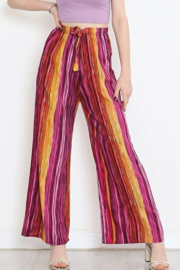 Namaste Vintage High Waist and Patterned Viscose Trousers - Loose Fit and Elastic Waist