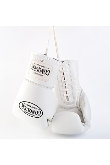 Conquer Pro Fight Premium White White Laced Boxing Gloves Leather
