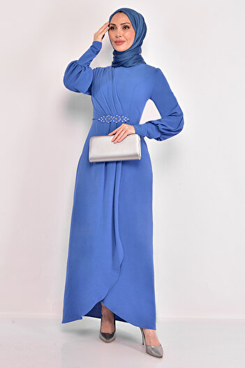ModaMerve Indigo Stone Detailed Evening Dress - ASM2569