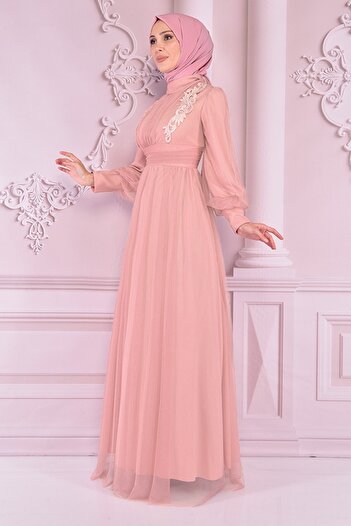 ModaMerve Tulle Evening Dress Powder Asm2436