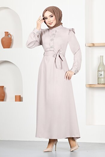 ModaMerve Belted Dress ASN129 Beige