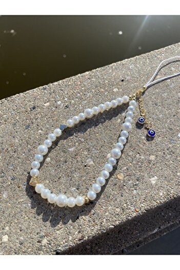 Stoneday Pearl Gold Heart Detailed Evil Eye Beaded Pearl Phone Strap Accessory Charm