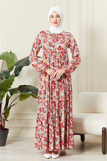 fistan Floral Pattern Viscose Dress - Layered Skirt, Hijab Collar, for Mother and Prayer