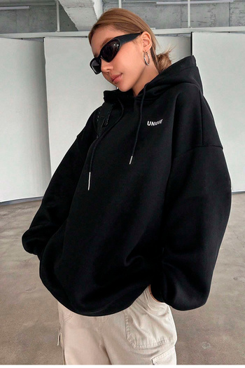 Benisengiydir Black Oversize Hooded Women's Sweatshirt - Unique Printed