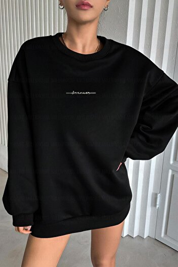 Millionaire Kadın Siyah Dreamer Baskılı 0 Sıfır Yaka Oversize Salaş Bol Kesim Polar Sweatshirt