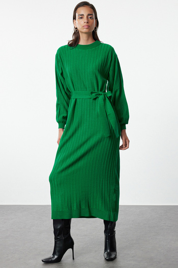 Trendyol Modest Πράσινο Πλεκτό Φόρεμα - Ζώνη, TCTAW25EB00055