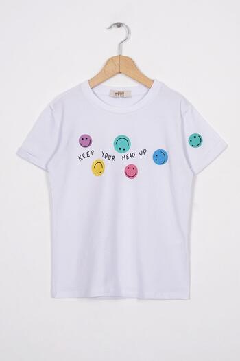 zepkids White Smile Printed Girl's T-Shirt