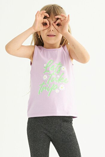 zepkids Crew Neck Zero Sleeve Lets Takae Trip κοριτσίστικο μπλουζάκι με στάμπα λιλά