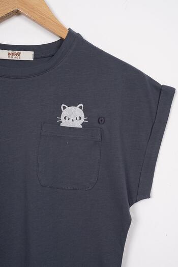 zepkids Girl's Fume Colorful Crew Neck Short Sleeve Pocket Detailed Cat Printed T-Shirt