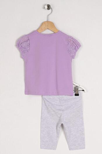 zepkids Crew Neck Short Sleeve Cat Printed Sleeves Elastic Lilac Color Girl's Tights Set