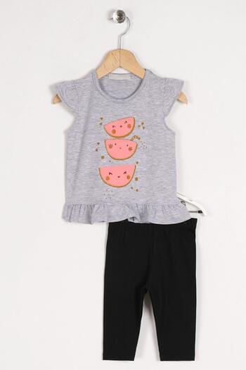 zepkids Crew Neck Short Sleeve Watermelon Printed Skirt Frilly Gray Melange Color Girl's Tights Set