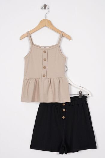 zepkids Beige Girl's Shorts Set - Button Detailed