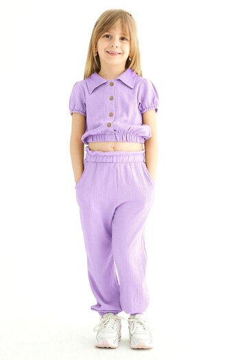 zepkids Lilac Colored Girl's Crew Neck Short Sleeve Watermelon Sleeve Shirt Pants Set
