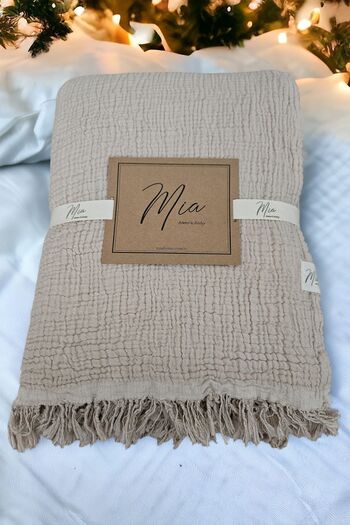 Mia Single Pique 4 Layer Muslin Bedspread - Fringed Beige/Ecru