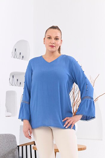 RMG Plus Size Wrinkled Indigo Blouse - Sleeve Detail