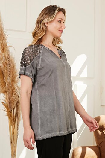 RMG Plus Size Smoked Blouse - Tie-Up Skirt and Shoulder Detail