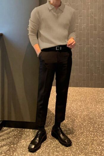 Tarz Cool Beige Men's Polo Neck Ribbed Knitwear Sweater