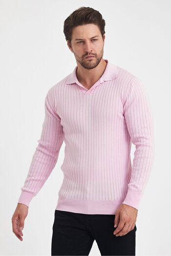 Tarz Cool Corded Knitwear Men's Polo Collar Sweater