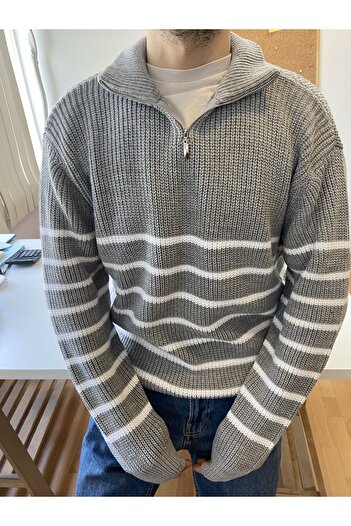 Tarz Cool Gray-White Men's Regular Zippered Fishing Knitwear Sweater