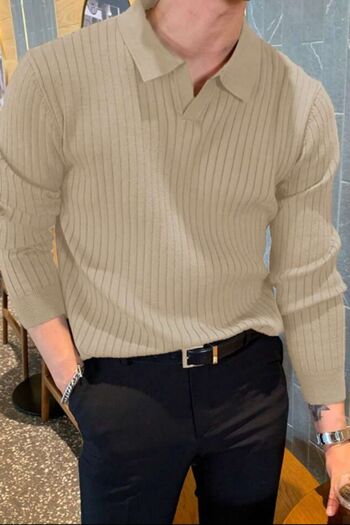 Tarz Cool Beige Men's Polo Neck Ribbed Knitwear Sweater