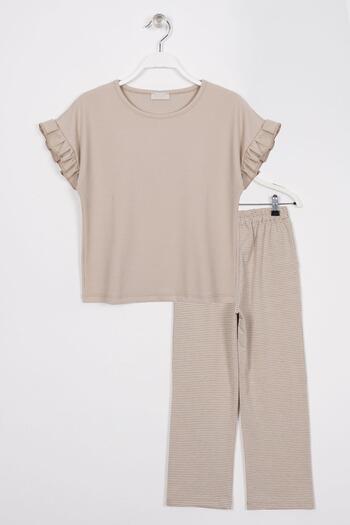 zepkids Beige Girl's Trousers Set - Crew Neck, Short Sleeve, Skinhead Detail