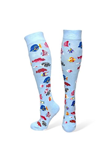 Mevo Flexible and Moisturizing Unisex knee Socks with Blue Fish Pattern