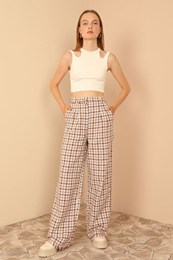 RICHMOST long Oversize Women's Trousers with Plaid Fabric and Tassel Detail - Pocketed and Unlined Tan