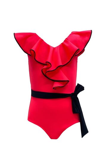 LOOK ME Red 50Uv Girl's Swimsuit with V-Neck Flounce Belt and Bow Detail by Nessi Byrd