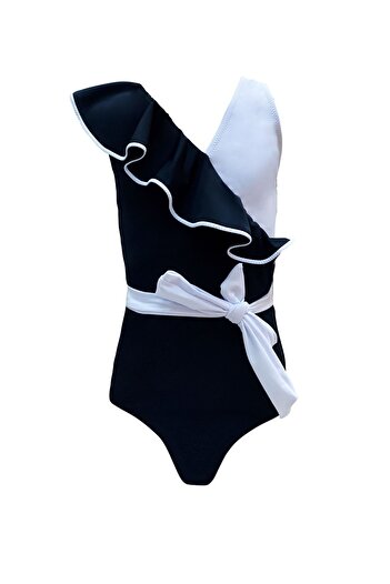 LOOK ME Nessi Byrd Black-White Girls' Swimsuit - Sling, Cross Flywheel and Belt Detail, Big Bow 50Uv
