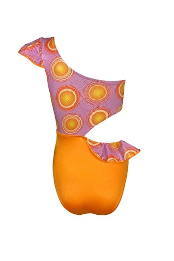 LOOK ME One Shoulder Shiny Leather Look Sun Print Ruffled 50Uv Girl's Swimsuit by Nessi Byrd