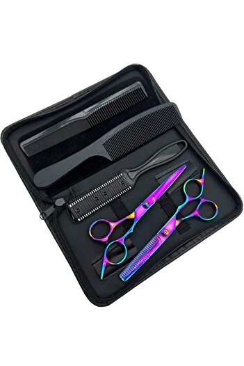 xolo Deri Çantalı 6 Parça Rainbow Saç Sakal Makas Tıraş Seti Düz Ara Tarak Makas Kuaför Berber XLQ501SET