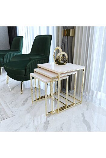 Puklife Duru 3'lü Kare Zigon Sehpa Seti Gold Ayak, Krem Mdf