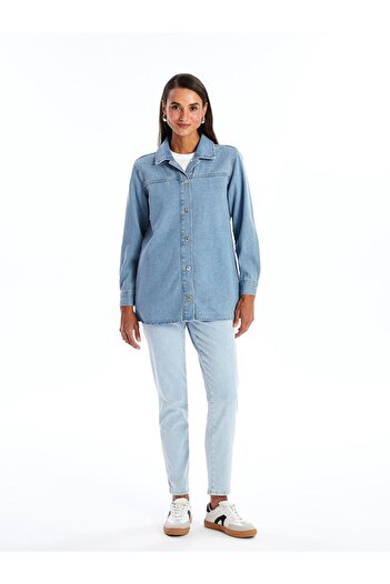 LC Waikiki Tunica de jeans pentru femei Indigo Rodeo cu imprimeu cu pietre - guler cămașă, mânecă lungă