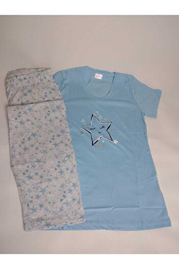 VİENETTA Set de pijamale pentru femei cu decolteu rotund cu model Blue Star - mâneci scurte, capri din bumbac