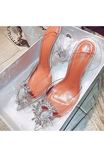 TrendyAnka Women's Princess Silver Nude Tan White Transparent Heeled Rhinestone Stiletto Pointed Toe Sandals Shoes