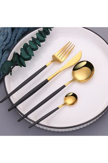 DMR LİFE Elite Gold Black Fork Spoon Knife Set 30 Pieces for 6 People (Gold Plated)