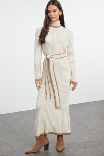 Trendyol Modest Mink Colored Stone Belted Knitwear Dress - TCTAW25EB00045