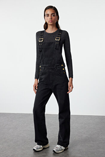 Trendyol Collection Denim Salopet Jumpsuit - Black with Buckle Detail, TWOAW25TU00010
